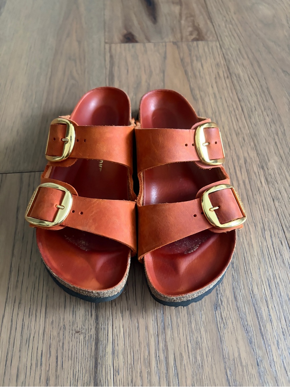 Birkenstock Orange Leather Double-Strap Slide Sandals with Gold Buckles